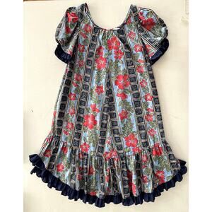 Sun Babies Sz M Muumuu Dress Blue Cotton Vintage Hawaii Hibiscus Ruffle Vacation